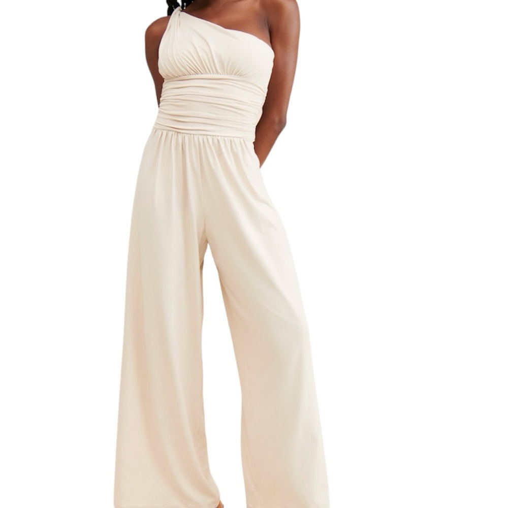 Susana Monaco One Shoulder Twist Wide Leg  Jumpsuit In Blanched Almond Medium